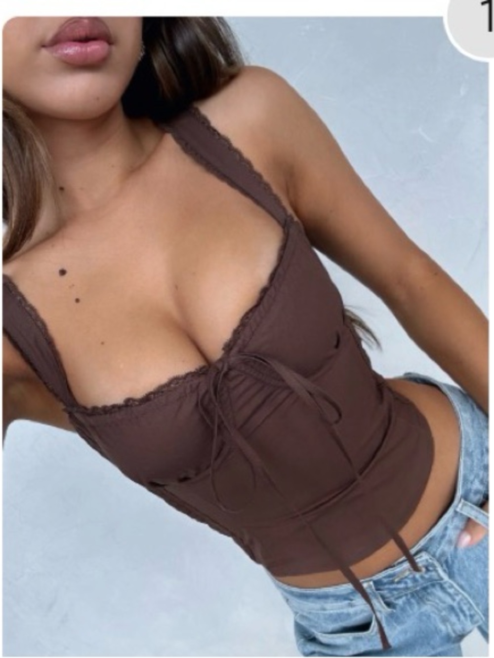 White Fox Boutique Brown Lace-Trim Tie-Front Cami